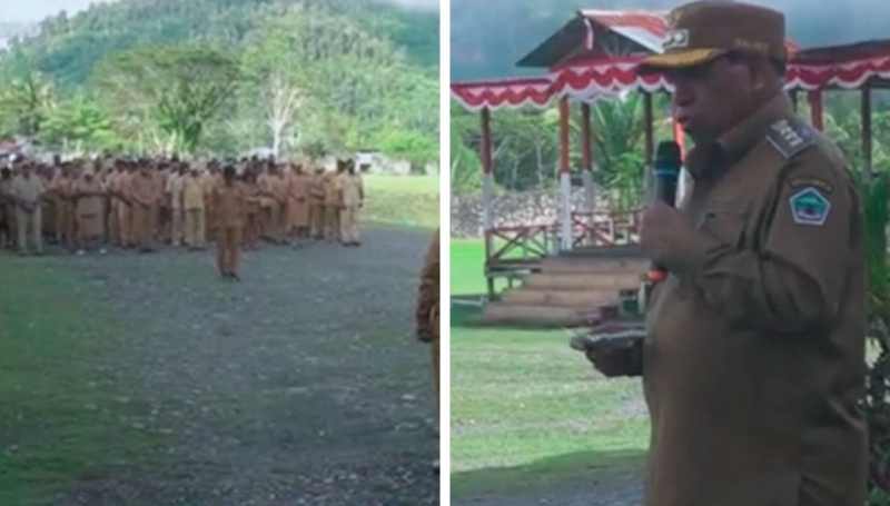 Bupati Yalimo, Nahor Nekwek Pimpim Apel Pagi di Main Hall Kantor Bupati Yalimo, Elelim, Senin (25/8/2025).